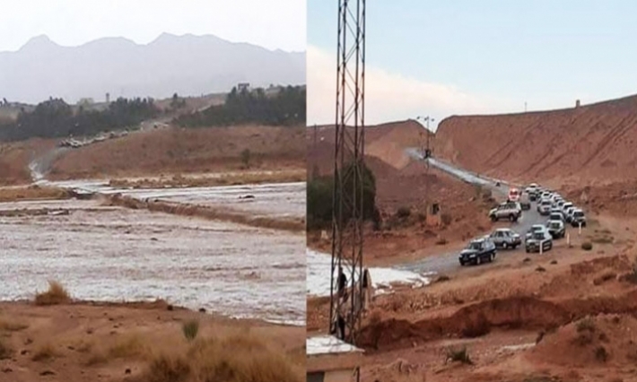 أمطار غزيرة في تمغزة تؤدي الى قطع الطريق الدولية الرابطة بين معبر فج بوزيان والحدود الجزائرية