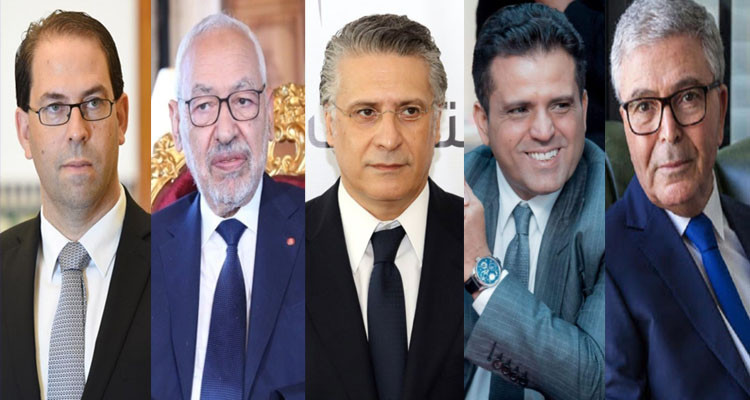 راشد الغنوشي ويوسف الشاهد ونبيل القروي وسليم الرياحي وعبد الكريم الزبيدي