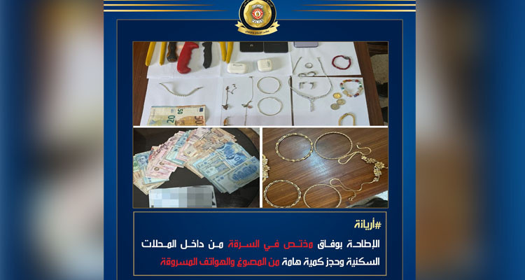 أريانة: الإطاحة بوفاق مختص في السرقة من داخل المنازل وحجز كمية هامة من المصوغ