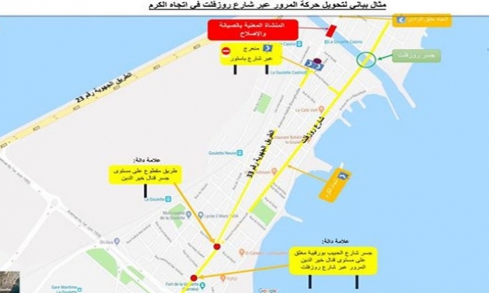 تحوير جزئي لحركة المرور من حلق الوادي الى الكرم جراء صيانة جسر قنال خير الدين